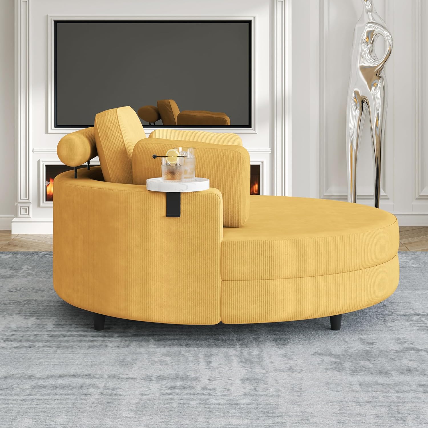 Oversized Accent Barrel Chair Soft Corduroy Upholstery Round Leisure Armchair w/Adjustable Headrest,4 Pillows