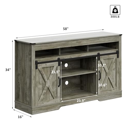 Farmhouse TV Stand for 65+ Inch TV, 34'' Tall Entertainment Center with Sliding Barn Doors