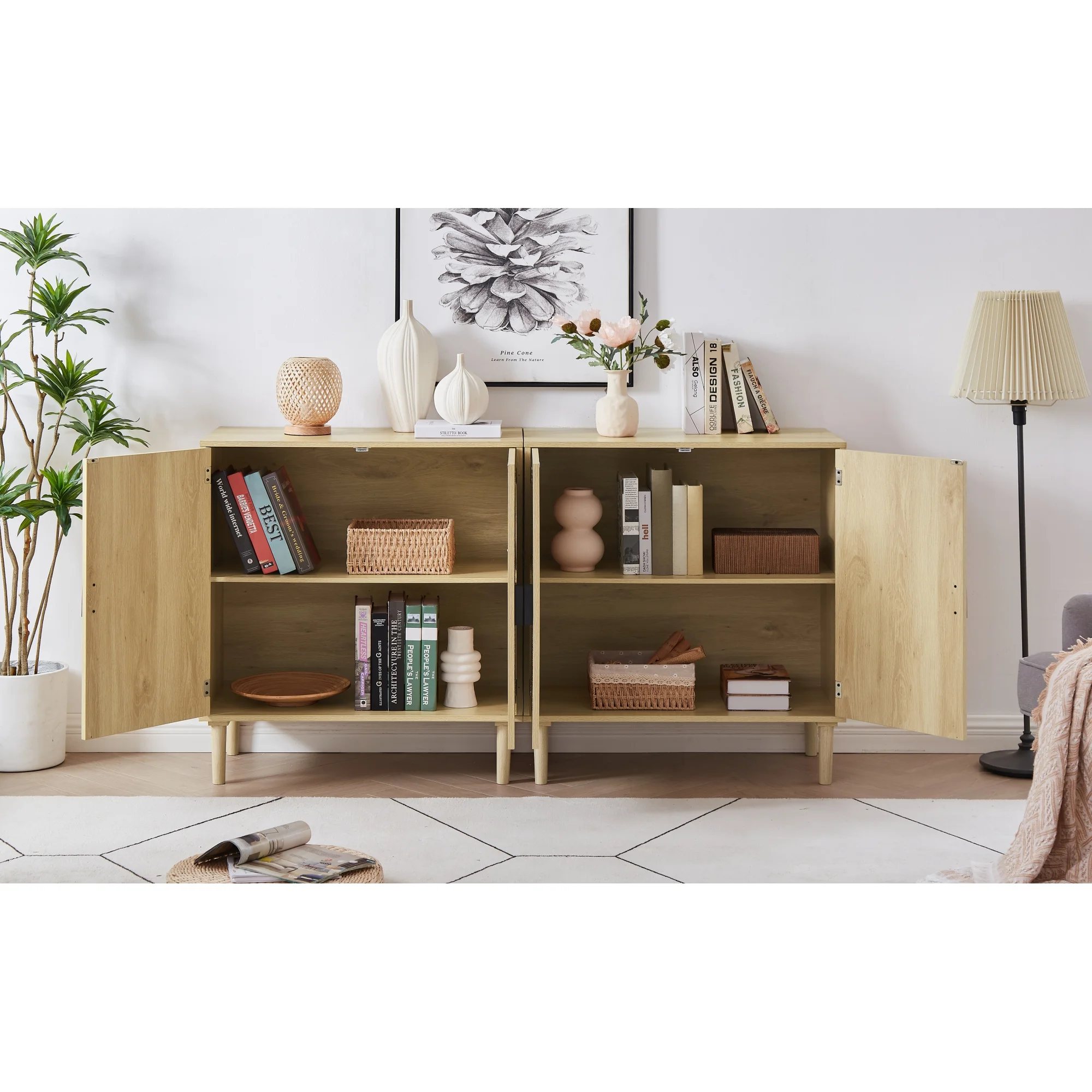 Modern Style Kitchen Storage Cabinet with Rattan Decorative Doors, Buffet, Natural, 31.5''W x 15.8''D x 34.6H.