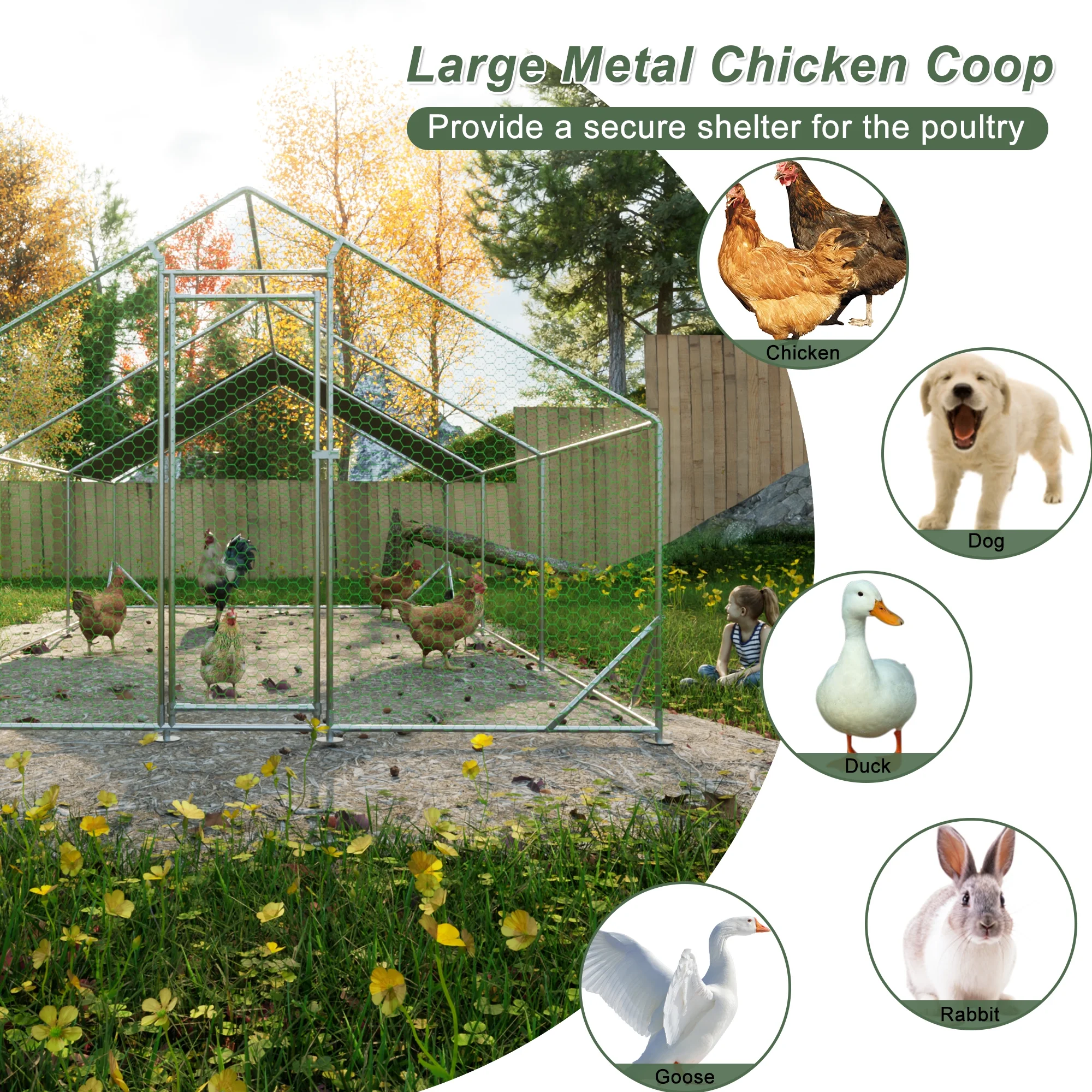 LZBEITEM Large Metal Chicken Coop Walk-in Poultry Cage Heavy Duty Chicken Runs Hen House for Yard with Waterproof and Anti-UV Cover for Outdoor Farm
