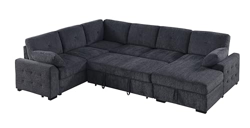 L-Shaped Pull Out Sleep Sofabed,Modern Reversible Sleeper Sectional Sofa Chenille Upholstered Button Tufted Decor with Storage Chaise