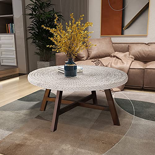 RANDEFURN Coffee Table Round, Seagrass Coffee Tables,Pine Wood X Base Frame Cocktail Table, Easy Assembled, Multiple Sizes for Living Room