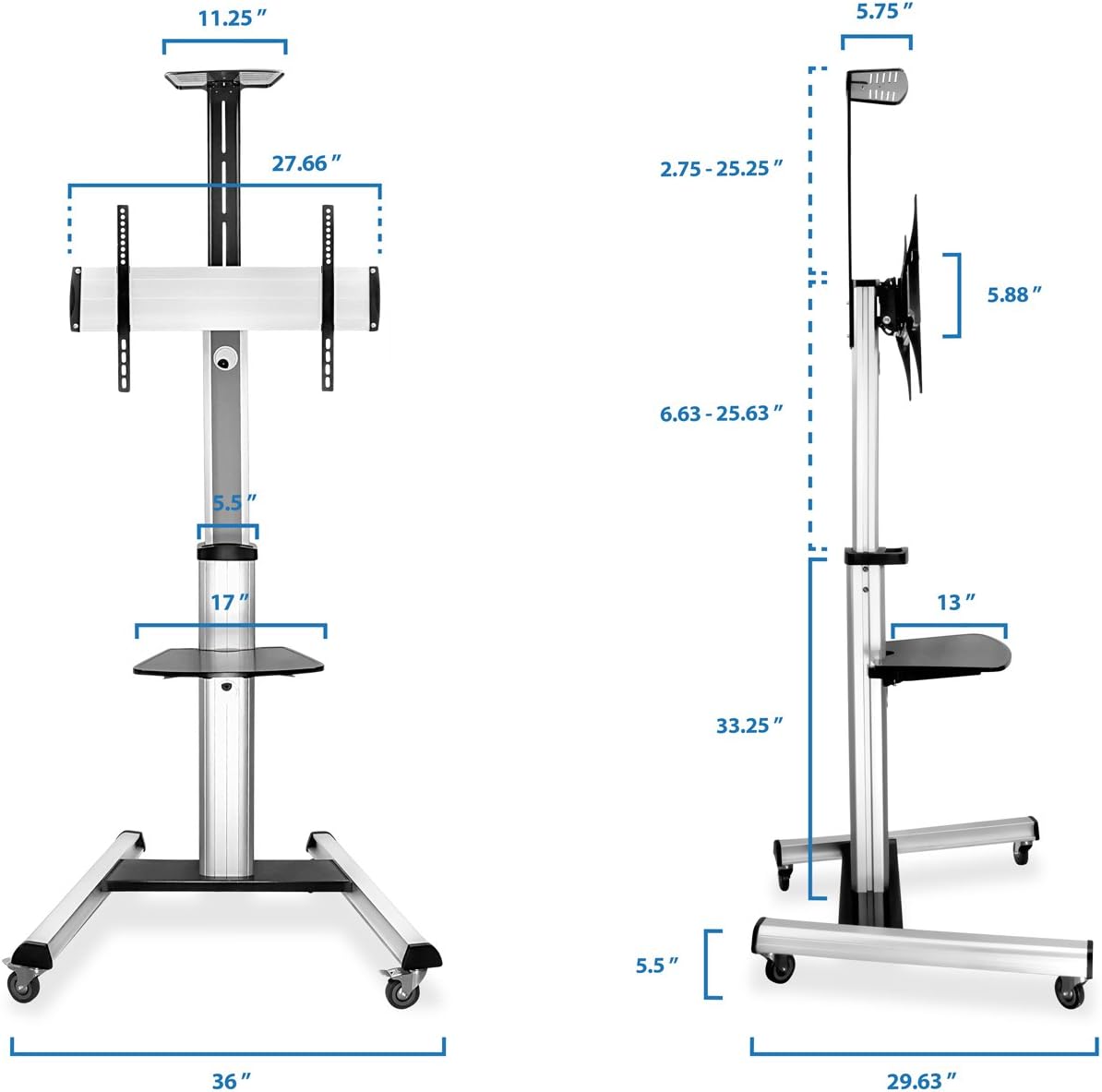 Mount-It! Mobile TV Stand for Flat Screen Televisions, Height Adjustable Rolling TV Cart for 32, 40, 50, 55, 60, 65 and 70 Inch Screens