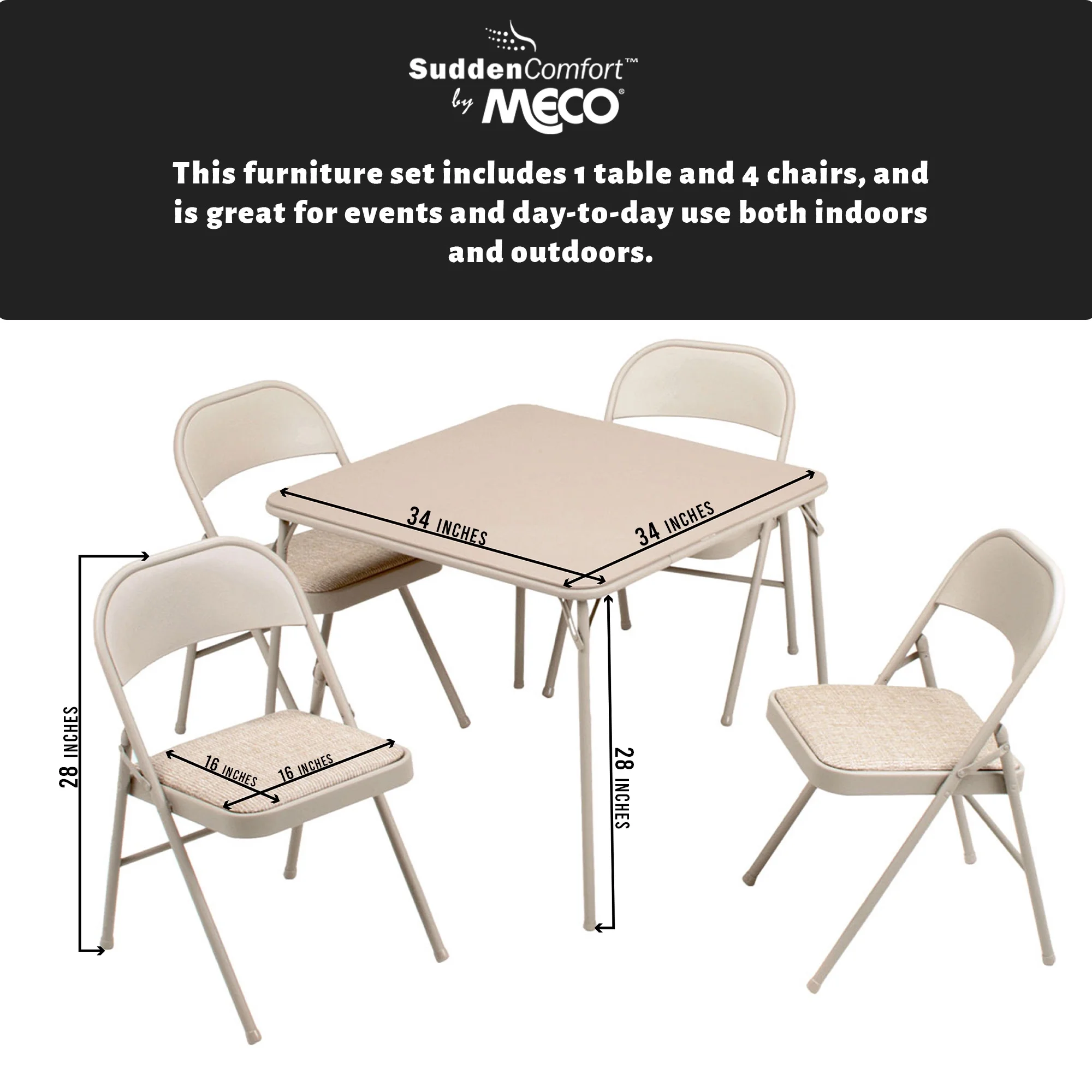 MECO Sudden Comfort 5 Piece 34x34 Card Table and 4 Chairs Folding Furniture Set - Radiant Selections
