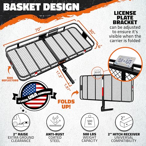 Mockins XXL 70"x30"x6" Folding Trailer Hitch Cargo Carrier Set w/License Plate Bracket | 500 Lbs Cap Steel Luggage Rack for SUV