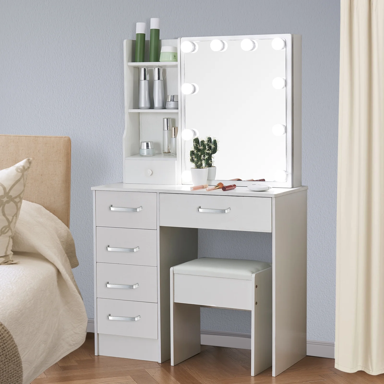 Yamissi Makeup Vanity Dressing Table Set W/ Stool Dresser Desk Mirror W/10 LED Lights for Girls Bedroom, White