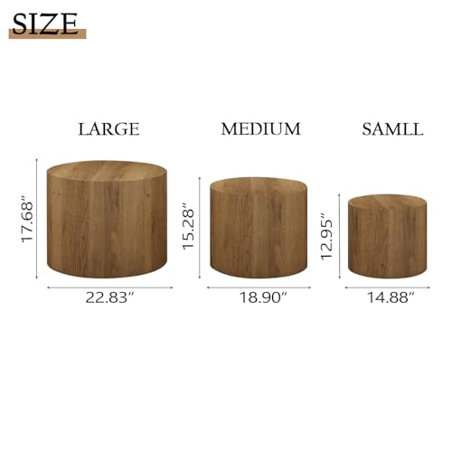 Vikiullf Nesting Coffee Table Set of 3, Round Wooden Coffee Tables, Modern Circle Table for Living Room, Bedroom, Accent Side Table