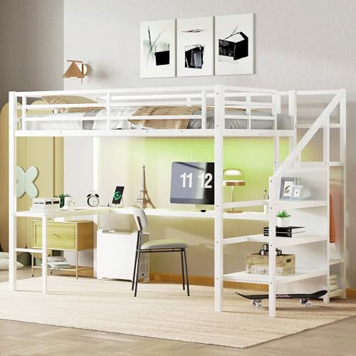 Bellemave Full Size Metal Loft Bed with L Shaped Desk and Wardrobe, Heavy Duty Loft Bed Frame with Storage Stairs