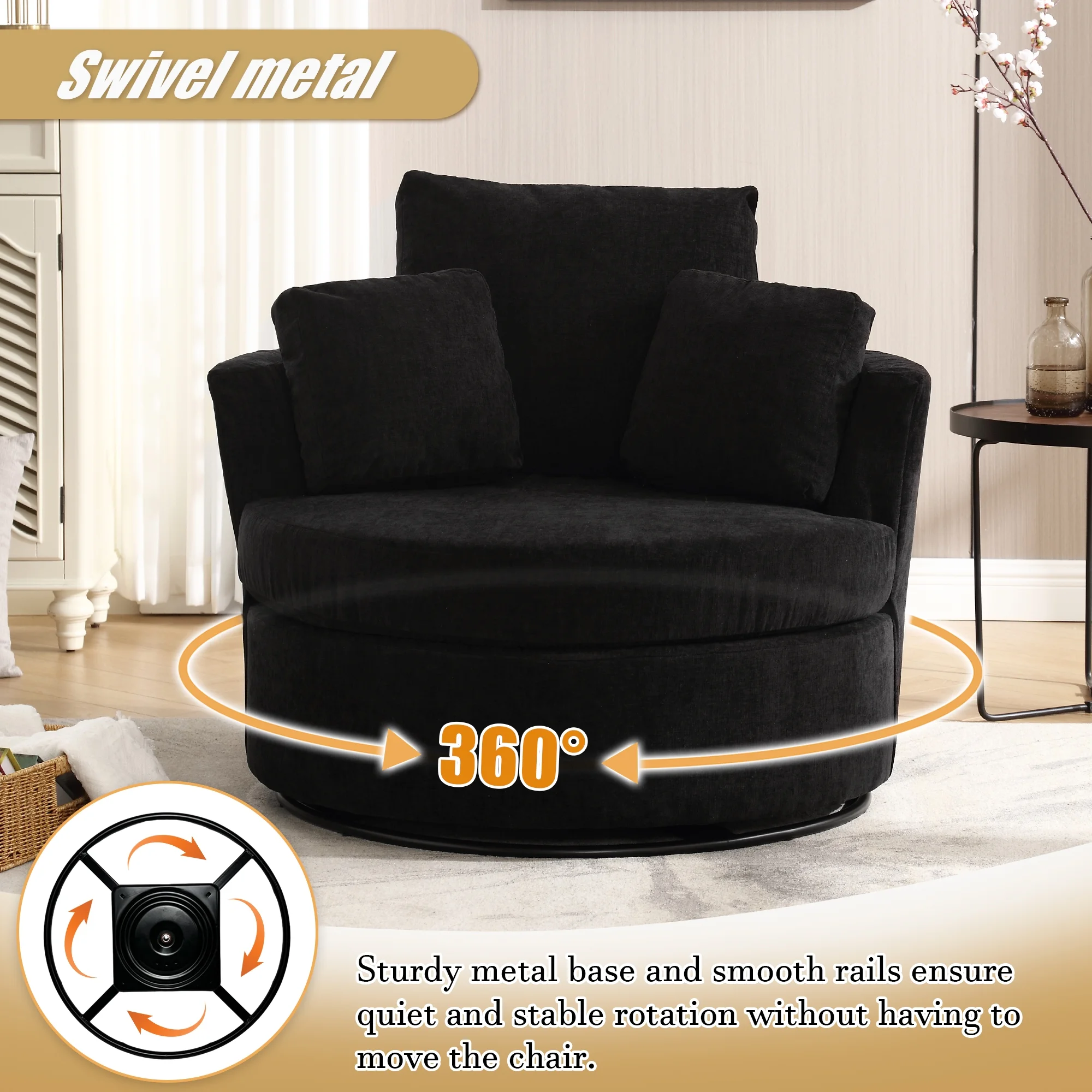 Muumblus Chenille Swivel Accent Chair Barrel Chair, Oversized Comfy Armchair with Pillows, Modern Leisure Sofa Chair for Living Room Bedroom, Black