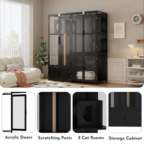 63" Cat Litter Box Enclosure, Extra Large Hidden Decorative Litterbox Cabinet Furniture with 3 Rooms, Acrylic Doors and Scratching Post for Big Cats