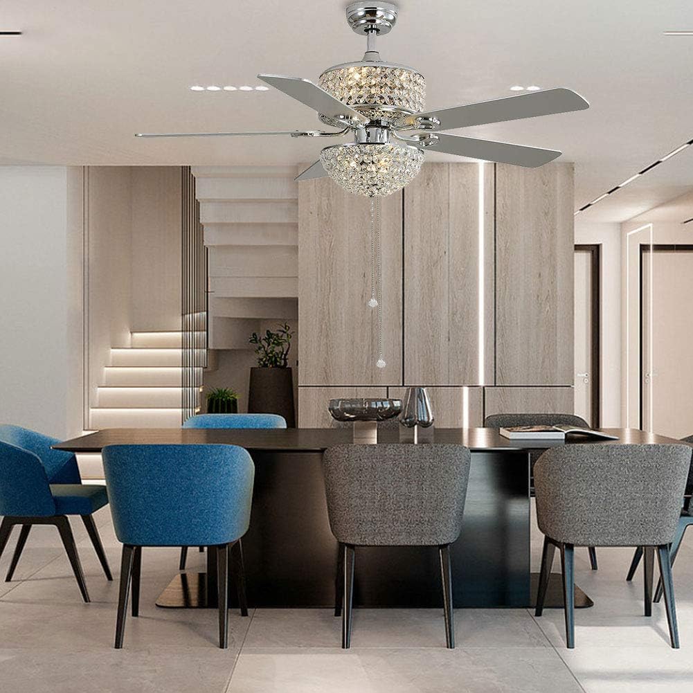 TFCFL Modern 52in Crystal Ceiling Fan with Light and Remote 5 Blades Chandelier Fan Lighting with 3 Speed Adjustable & Timing Function