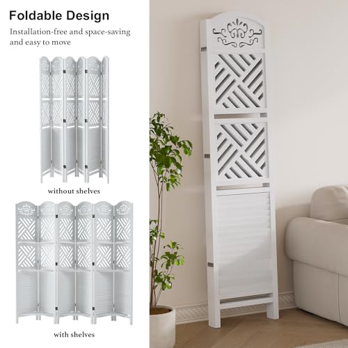 Room Divider with Shelves, 5.75ft Tall Folding Wood Carved Screen with Double Hinges for Home Office Bedroom Hotel Decoration (6 Panels, Natural)