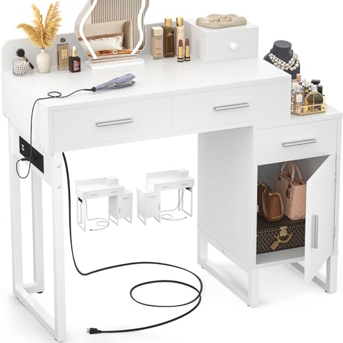 Vanity Desk with 4 Storage Drawers - Modern Makeup Vanity Table with Charging Station