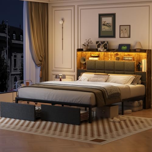 LED Bed Frame Full Size with Bookshelf Headboard, 2 Hidden Storage Drawers, Upholstered Platform Metal Bed Frame with Charging Station