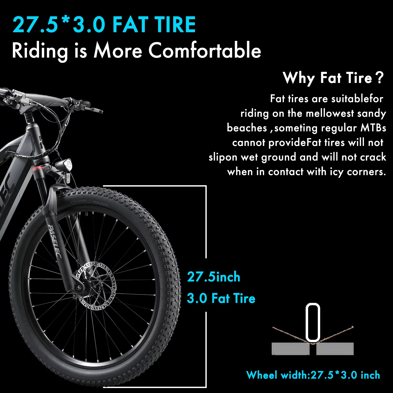 Paselec 750W Peak 27.5" Electric Mountain Bicycle Snow Ebike, 3.0" Fat Tire Electric Bike with 48V 17.5Ah Li-Ion Battery