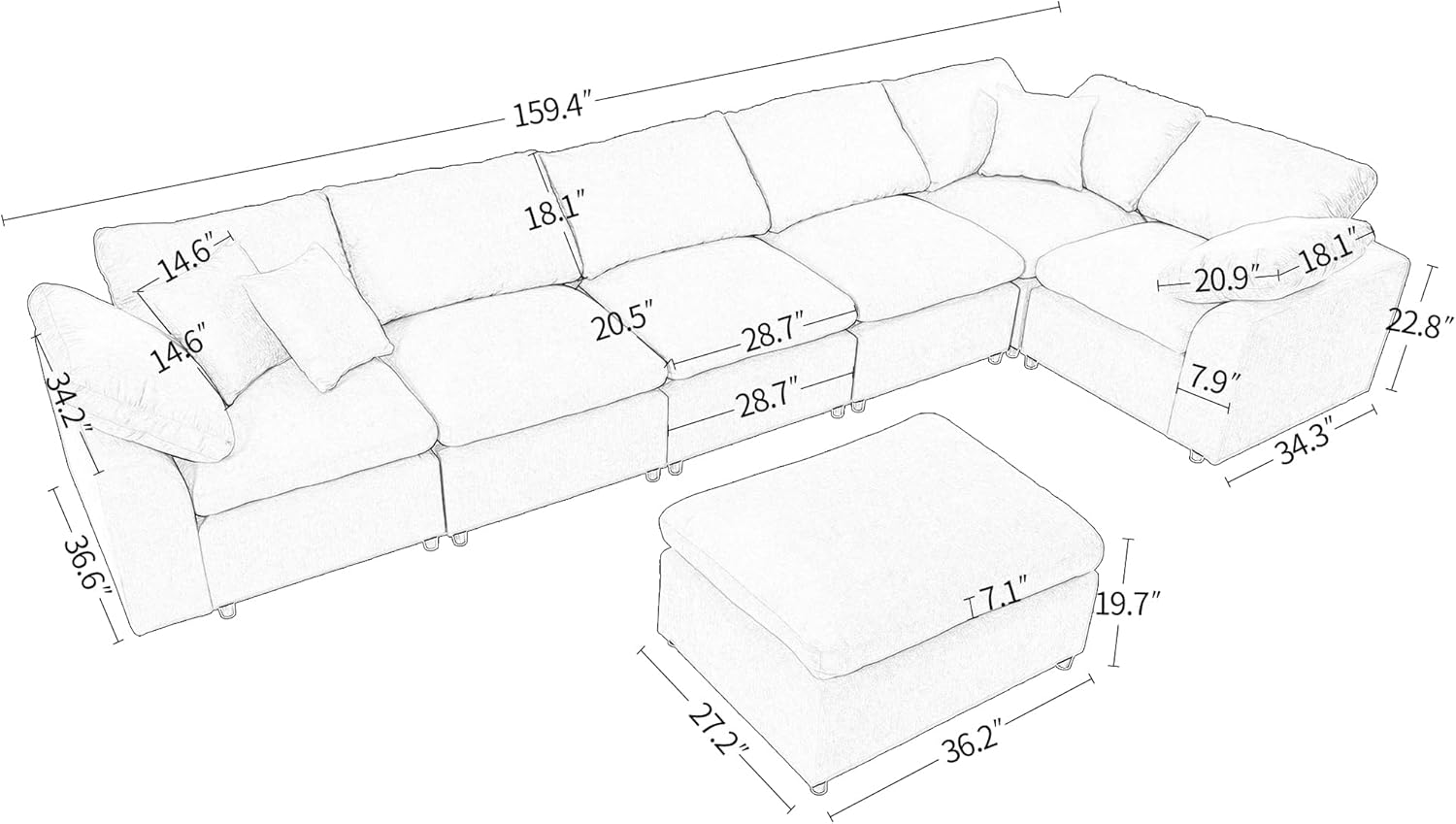 Deep Seat Convertible Modular Sectional Sofa with Movable Ottoman, L/U Shaped Oversized Corner Couch with Throw Pillows