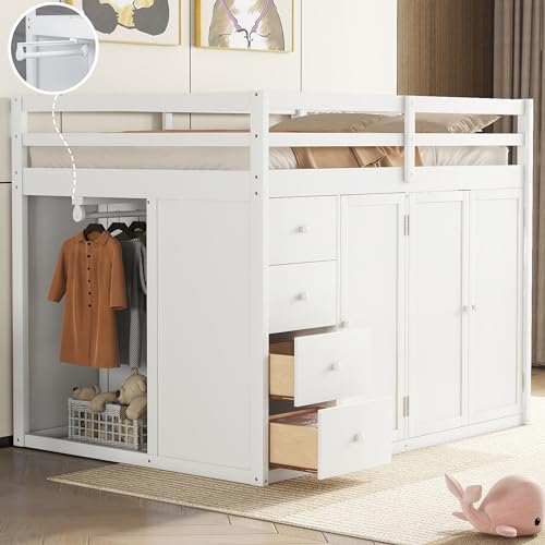 Full Size Loft Bed with Desk & Wardrobe, Solid Wood Kids Loft Bedframe w/3 Storage Drawers & 2 Shelves, Maximum Space Design, for Bedroom, Dorm, Gray