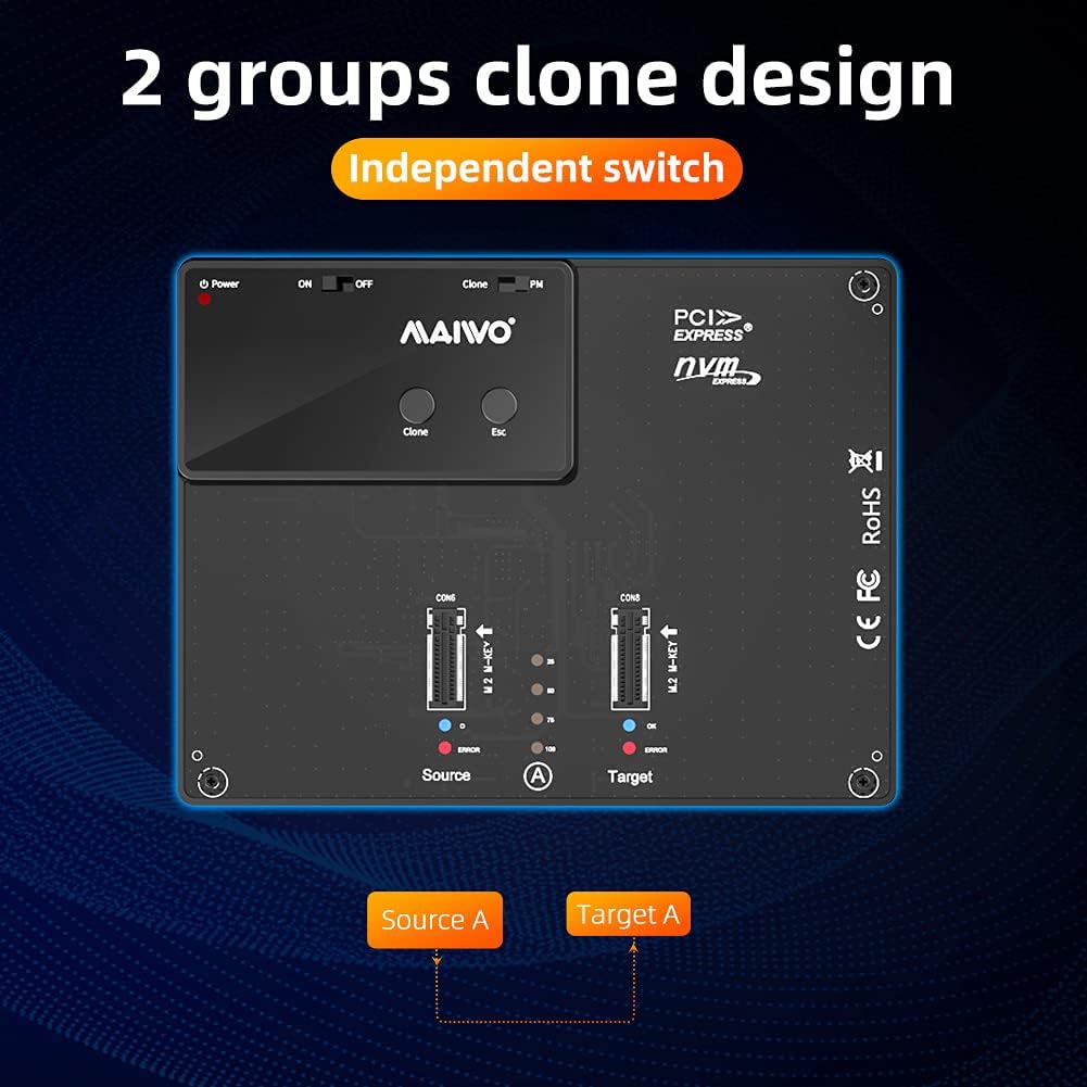 MAIWO K3016S 2 Bay m.2 SATA Docking Station, Tool-Free Type C to SATA SSD External Hard Drive Enclosure for B + M Key