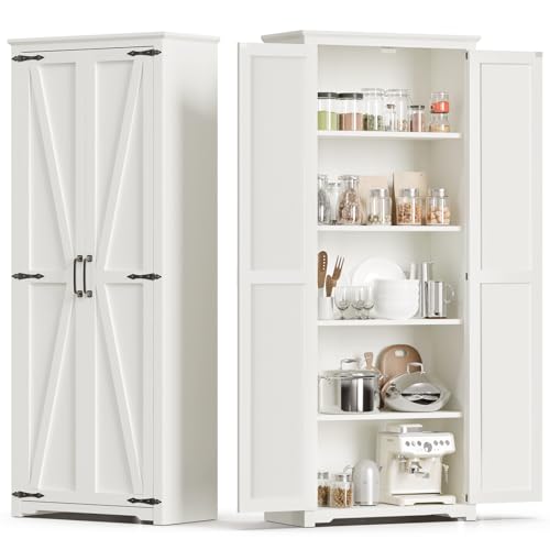 72" Tall Farmhouse Kitchen Pantry Cabinet, Large Storage Cabinet with 6 Adjustable Shelves, 4 Barn Doors & Drawer for Bathroom, Dining Room, Brown