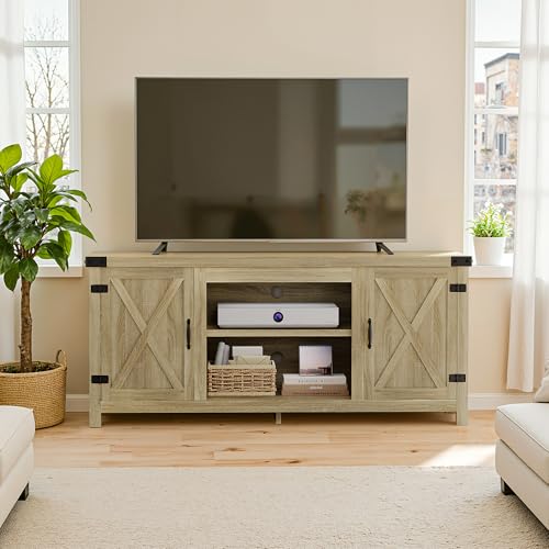 YESHOMY Modern Farmhouse TV Stand with Two Barn Doors and Storage Cabinets for Televisions up to 65+ Inch, Entertainment Center Console Table