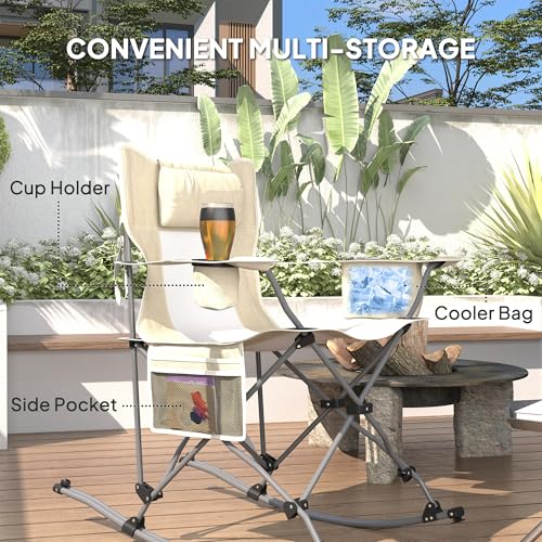 Outsunny Folding Rocking Camping Chairs for Adults, Portable Outdoor Rocking Chairs with Headrest, Cooler Bag, Cup Holder