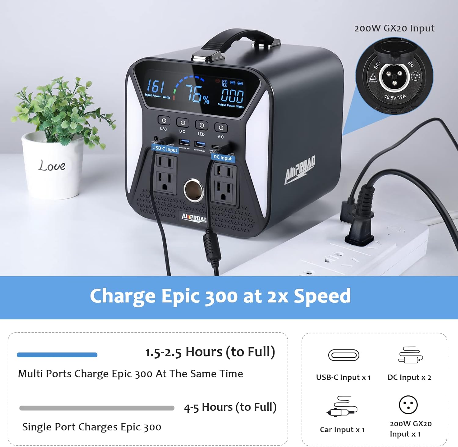 AMPROAD Portable Power Station Epic 300, 300Wh Backup Power Supply with 4*LED Lights and AC/DC/QC USB Ports, Solar Generator for Home Use, Camping