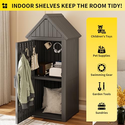 Outdoor Resin Storage Shed, Upgrade Durable Storage Cabinet with Removable Shelves and Lock Ring, Reinforced Floor