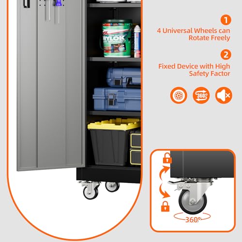 Metal Storage Cabinet with Wheels, 73" H Rolling Garage Cabinets with Locking Doors and Adjustable Shelves for Home Office, Basement, Pantry, Workshop