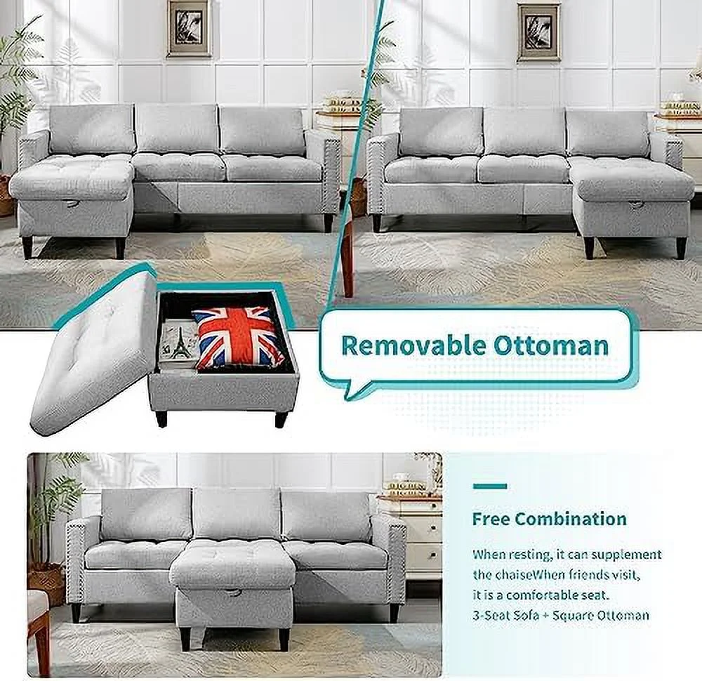 xrboomlife Reversible Sectional Couch Set 3 Seat L Shaped Modular Sofa Bed with Flexible  Ottoman Chaise Modern Sofa Couches for Living Room