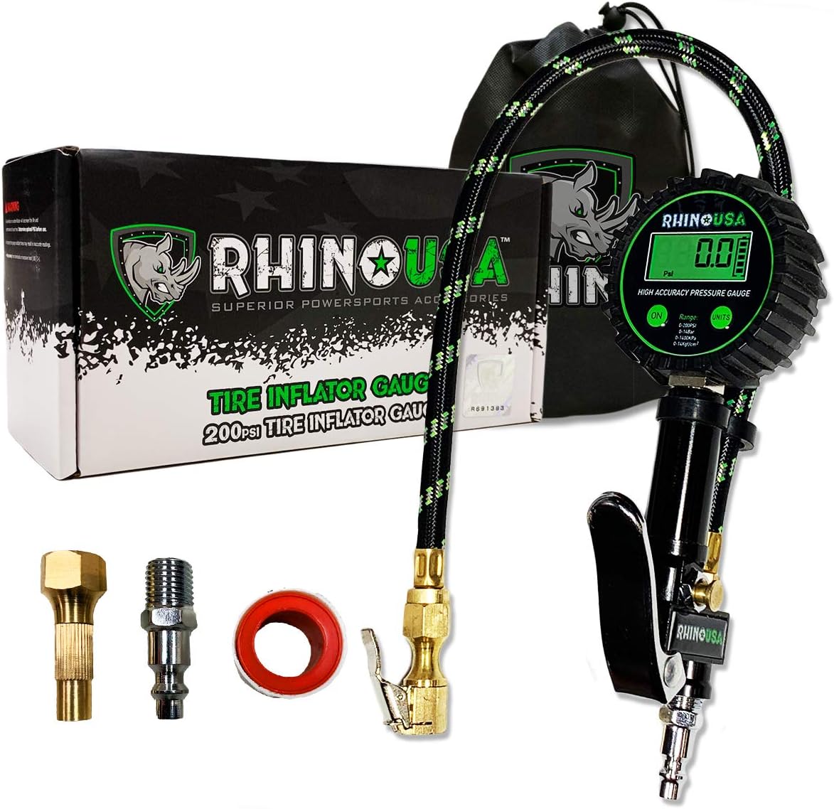 Rhino USA Digital Tire Inflator with Pressure Gauge (0-200 PSI) - ANSI B40.1 Accurate, Large 2" Easy Read Glow Dial, Premium Braided Hose
