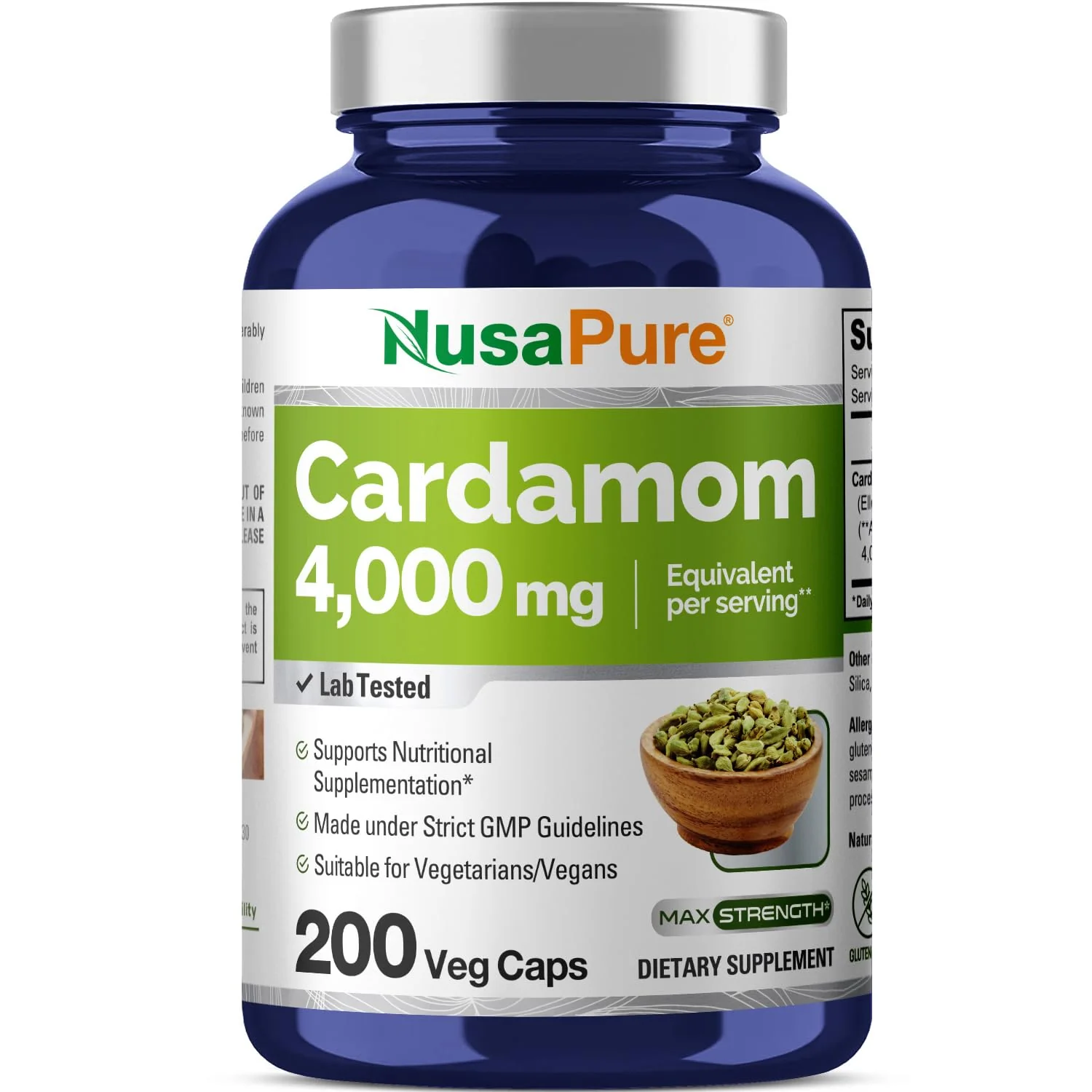 NusaPure Cardamom Extract 4000mg 200 Vegetarian Capsules (Non-GMO, Gluten Free) - Kansas Nuitrition - HNZSDS