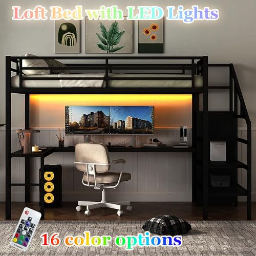 Bellemave Full Size Metal Loft Bed with L Shaped Desk and Wardrobe, Heavy Duty Loft Bed Frame with Storage Stairs