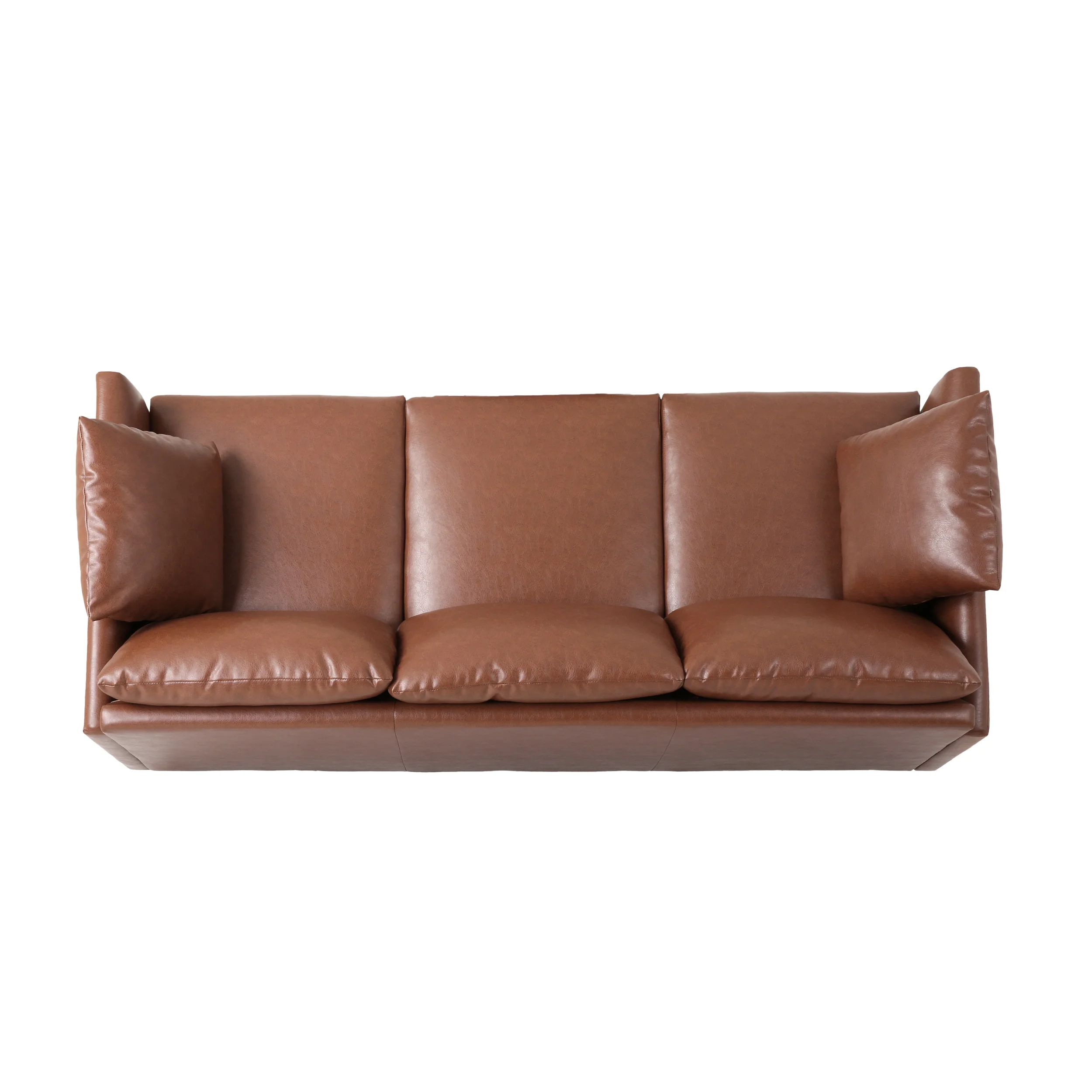 Noble House Eliphaz Faux Leather 3 Seater Sofa with Pillows, Cognac Brown