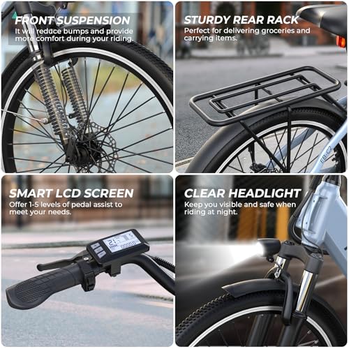 Electric Bike for Adults, 1000W Peak EBike, 50 Miles 21.7MPH Adult Electric Bicycles with 48V Built-in Removable Battery, Adjustable Stem, Rear Rack
