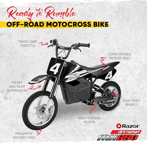 Razor MX650 Dirt Rocket Off-Road Motocross Bike–36V Electric Ride-On, Up to 17 mph, Front & Rear Suspension, Hand-Operated DualBrakes