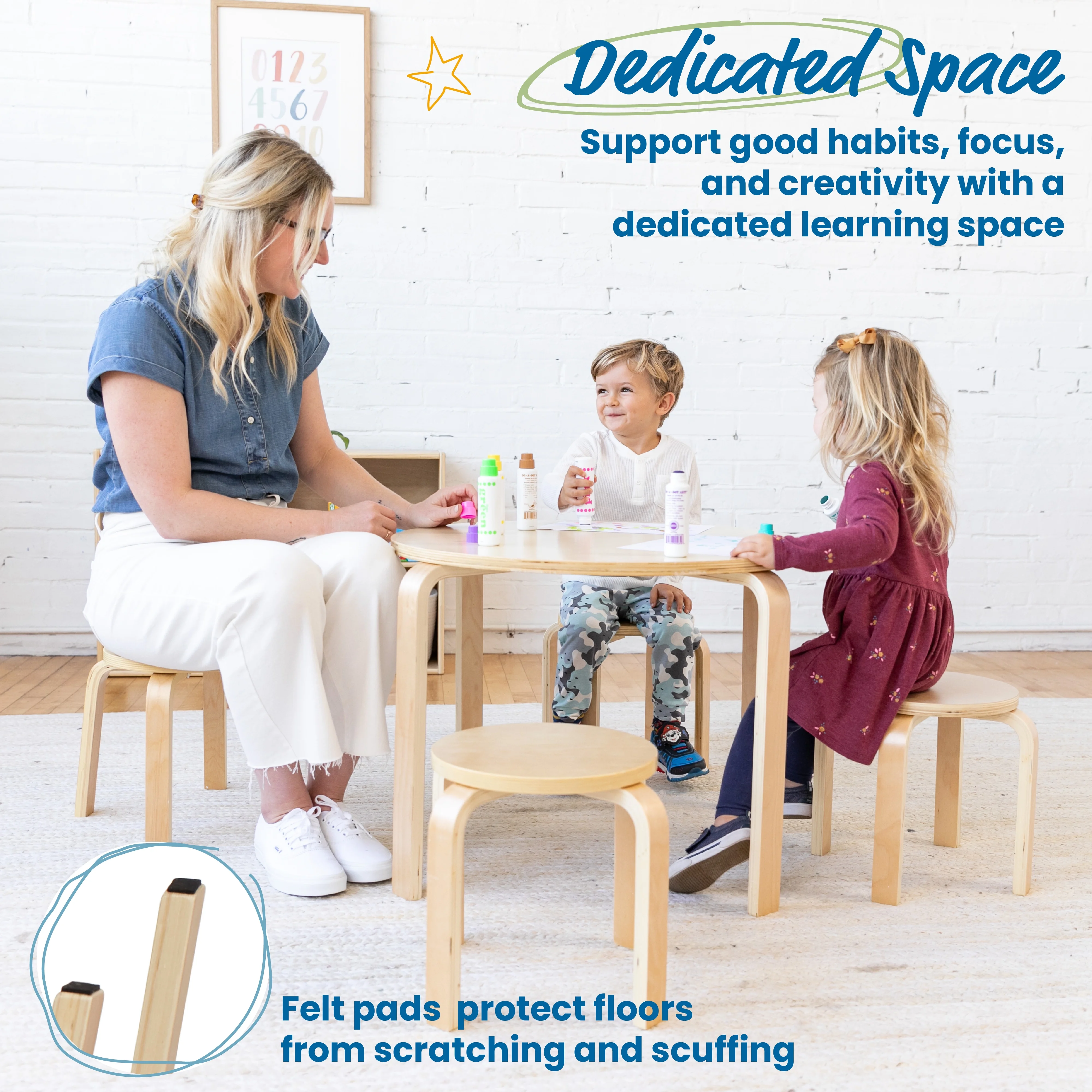 ECR4Kids Bentwood Round Table and Stool Set, Kids Furniture, Natural, 5-Piece