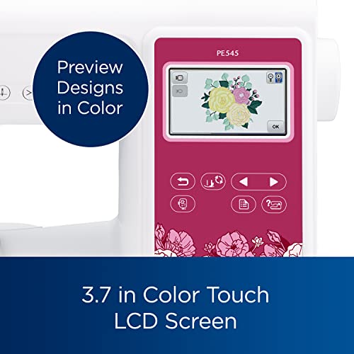 Brother PE545 Embroidery Machine, Wireless LAN Connected, 135 Built-in Designs, 4" x 4" Hoop Area, Large 3.7" LCD Touchscreen, USB Port