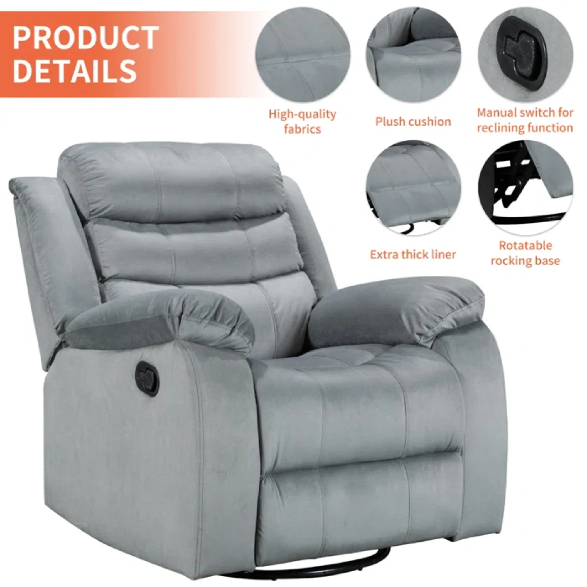 Recliner Rocking Chair With 360 Degree Swivel Ergonomic Lounge Rock Chair Classic Single Sofa Living Room Chair Home Theater Seat in Gray Valvet Color