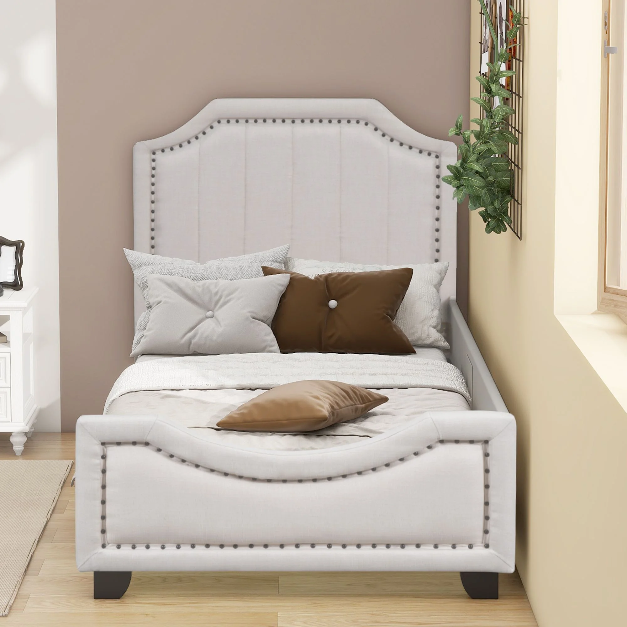 Twin Storage Upholstered Platform Bed Mattress Foundation with Nailhead Trim Decoration and Guardrail
