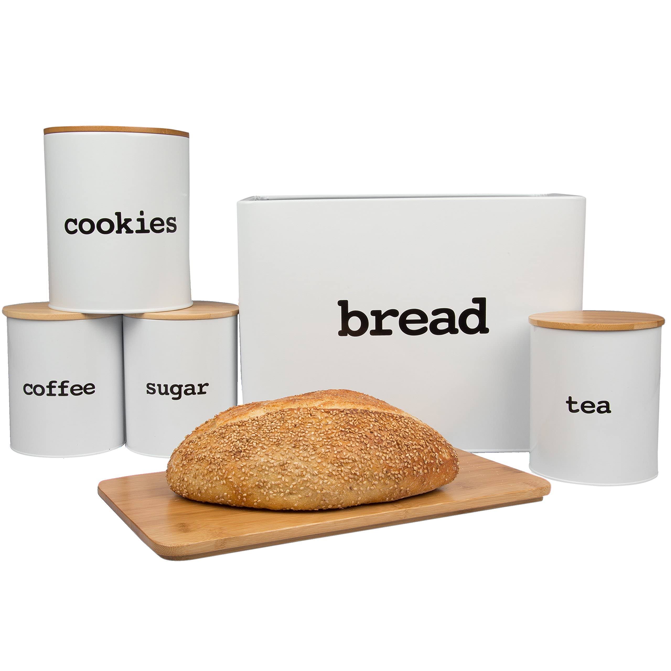 Bread Box (extra Large) and 5 Piece Kitchen Canister Set W Bread Cutting Board- Deluxe Food Storage Containers with Air Tight Ba