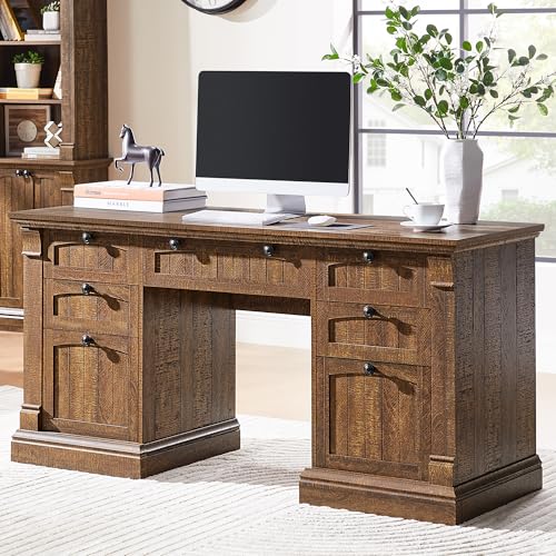 OKD 60" Executive Desk with Drawers, Farmhouse Home Office Desk with Charging Station, Keyboard Tray, File Cabinet Storage