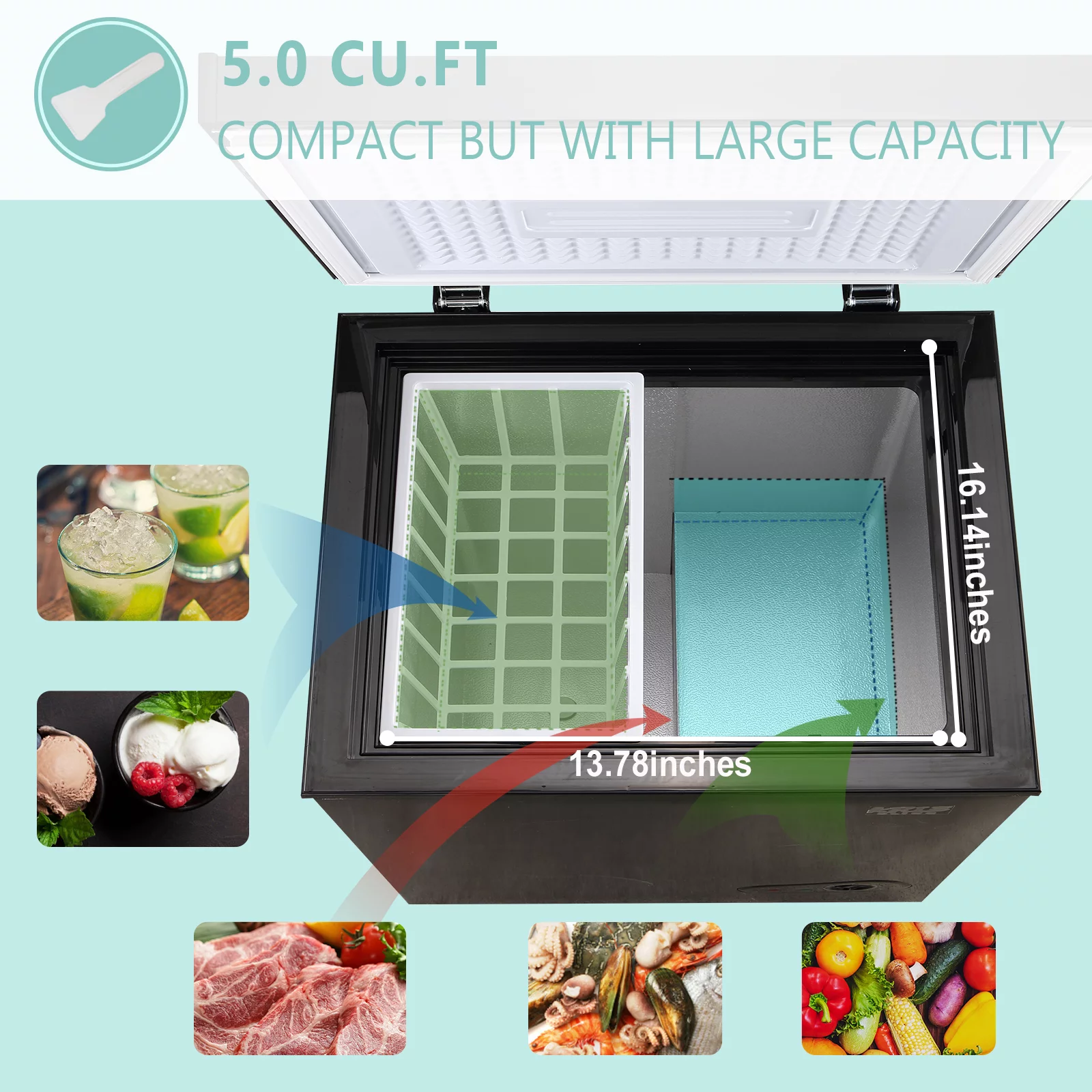 Krib Bling 5.0 Cu.ft Compact Chest Freezer with Removable Basket, Top Door Open Freestanding Deep Freezer with 7 Gears Temperature Adjustment