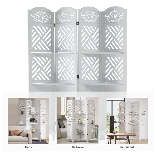Room Divider with Shelves, 5.75ft Tall Folding Wood Carved Screen with Double Hinges for Home Office Bedroom Hotel Decoration (6 Panels, Natural)