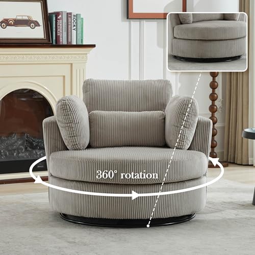 Aoiy & Wifon 42.2" W Oversized Swivel Barrel Chair with Ottoman, Upholstered Round Accent Chair with Storage Ottoman, Chenille, Beige