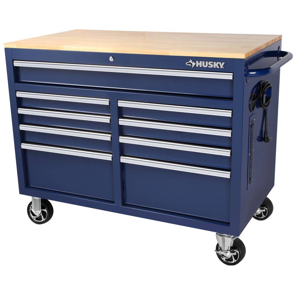 Husky 46 in. W 9-drawer, Deep Tool Chest Mobile Workbench in Gloss Blue with Hardwood Top