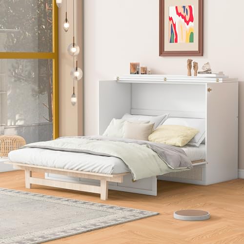 Ball & Cast Queen Size Solid Pine Murphy Bed Chest,Cabinet Hideaway Bed with Charging Station and Large Storage Drawer,Wood Wall Bed can be Folded