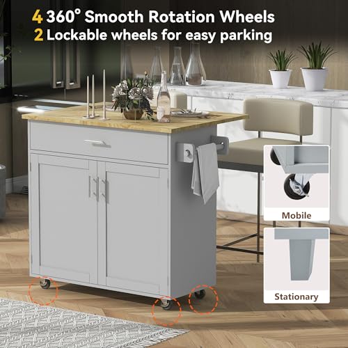 53.5''Farmhouse Kitchen Island with Power Outlet, Kitchen Storage Island with Drop Leaf, Spice Rack and Drawer, Rolling Kitchen Cart on Wheels