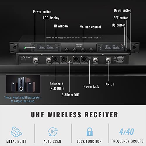Phenyx Pro Wireless Microphone System, Quad Channel Wireless Mic, w/ 4x40 UHF Frequencies, Auto Scan, 328ft Long Range
