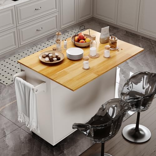 4 EVER WINNER Rolling Island with Storage and Drop Leaf, Marble Tabletop, Kitchen Carts on Wheels with Towel Rack & Spice Rack