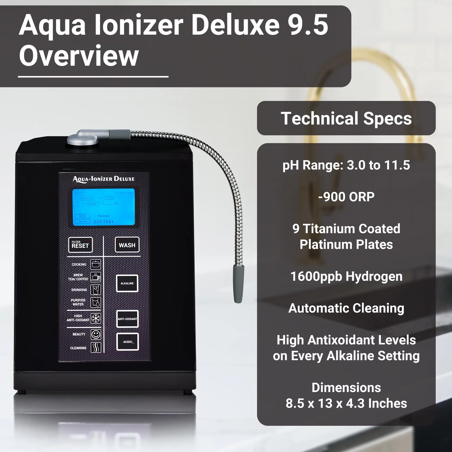 Aqua Ionizer Deluxe 9.5 Anti-Oxidant Boost Water Ionizer | Alkaline Water Filtration System | Produces pH 3.0-11.5 Alkaline Water | Up to -880mV ORP